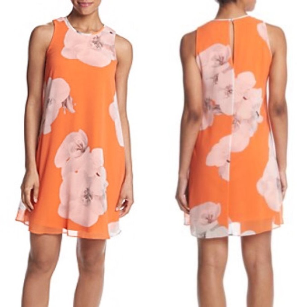 Calvin Klein Orange Floral Chiffon Swing Dress, 6